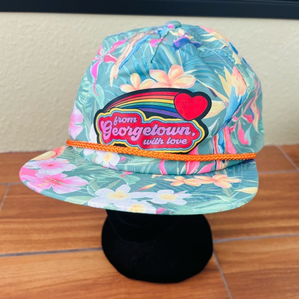 “From Georgetown With Love,” Floral Cap w🌈 Rainbow Patch” w/Rope Tropical Hat